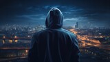 Fototapeta Konie - Back of hacker wearing hoodie against big city background, computer virus, electronic theft