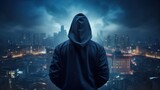 Fototapeta Konie - Back of hacker wearing hoodie against big city background, computer virus, electronic theft