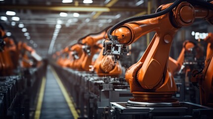 Poster - robot industry Robot arm engineering factory moves in different directions High-tech industrial technology using modern machine learning close-up