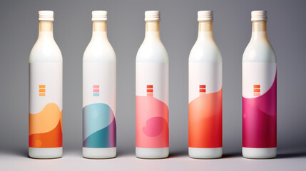 Sticker - A group of six bottles with different colored designs, AI