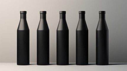 Poster - Five black wine bottles in a row on the table, AI