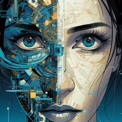 Wall Mural - future woman with cyber technology eye panel, snyth wave