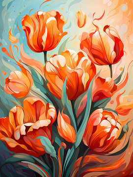A Painting Of Orange Flowers - Isolated red tulips