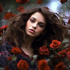 Wall Mural - beautiful woman, red flowers, portrait modus