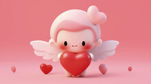 Amur Babies. Funny Cupid, Little Angels Or God Eros. 3D-illustration Cupid With Heart Shape On Pink Background