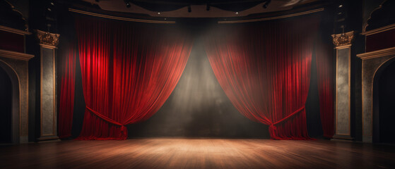 The red curtains of the stage are opening for the theater show