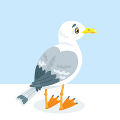 Wall Mural - One white seagull sits. In cartoon style. Isolated on blue background. Vector flat illustration