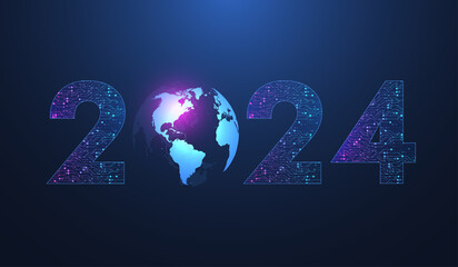 Fototapete - Christmas poster template 2024 illustration of new digits electronic technology. New year, merry christmas 2024 congratulations card in cyber computer design. Tech digital banner or header 2024 year
