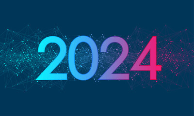 Fototapete - Christmas poster template 2024 illustration of new digits electronic technology. New year, merry christmas 2024 congratulations card in cyber computer design. Tech digital banner or header 2024 year