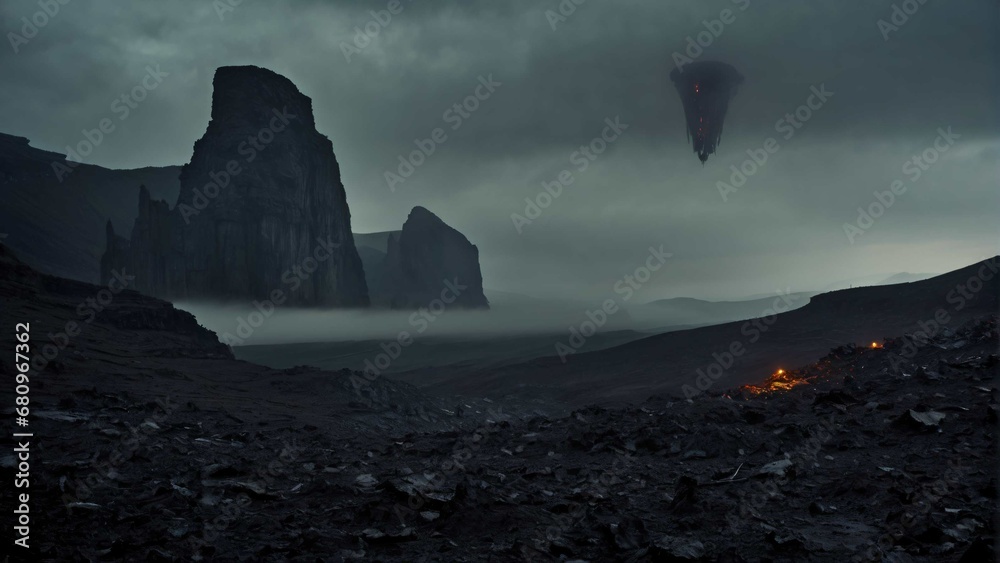 Alien landscape on earth like exoplanet with dark atmosphere cloudy ...