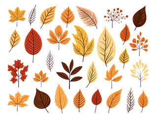 Wall Mural - collection set of hand-drawn leaves isolated on transparent or white background, png
