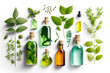 Various bottles with essential oils and medicinal herbs on white background. Top view. Generative AI