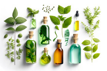 Various Bottles With Essential Oils And Medicinal Herbs On White Background. Top View. Generative AI