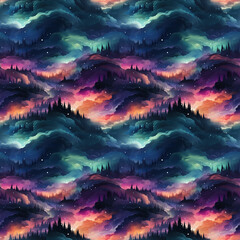 Wall Mural - landscape with multicolored northern lights at night in sky with stars with a seamless pattern on ba