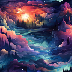 Wall Mural - landscape with multicolored northern lights at night in a colorful sky with stars with a seamless pa