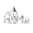 A line drawn sketch of two elephants; a mother and baby wearing party hats. Drawn by hand on Procreate, featuring a mother African elephant and African baby elephant. 