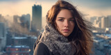 Fototapeta  - Portrait of a Beautiful Argentina Woman with a Background of a City in Winter