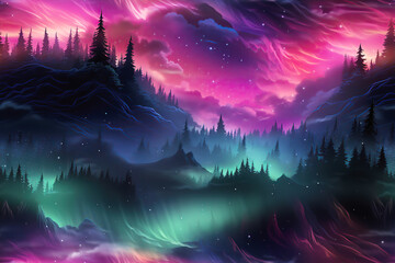 Wall Mural - landscape with multicolored northern lights at night in a colorful sky with stars with a seamless pa