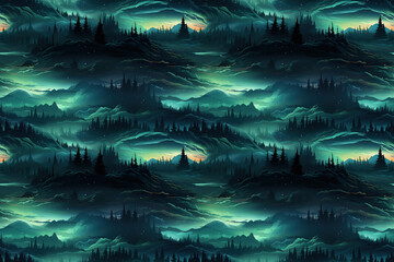 Wall Mural - landscape with green northern lights at night in the sky with stars with a seamless pattern on the b