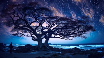 Wall Mural - arched milky way over the beautiful mountains and blue sea at night in summer. colorful landscape wi
