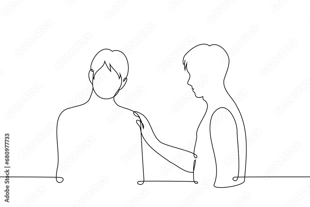 man put his hand on another man in an attempt to console - one line art ...