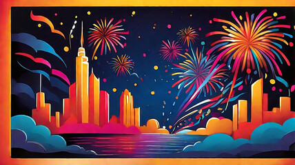 A vibrant and celebratory New Year card featuring fireworks exploding in the night sky, Artwork, Created with digital illustration software using bright and bold colors