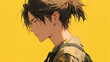 portrait of an anime young guy with a ponytail in profile on a yellow background