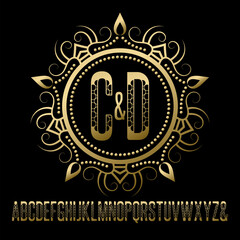 Poster - golden patterned alphabet of capital letters set and sample of vintage monogram in neoclassical styl