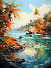 a tropical landscape with rocks and trees - split shot of tropical island