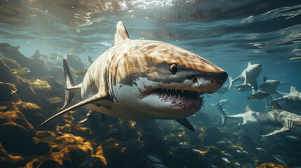 Poster - Ocean shark. Open toothy dangerous mouth with many teeth. Underwater blue sea waves clear water shark swims forward.