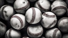 Pile Of Grunge Dirty Used Baseball Balls. Close-up Absctact Sports Background In Black And White