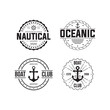 Marine, sailing, cruise logo or label badges. Nautical themes, emblems set. Templates for company logo or web design. Sea cruise, beach resort, seafood bar, shipbuilding and other topics. Collection
