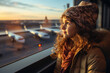 Little Caucasian girl in winter clothes looks at the planes in the window of the airport