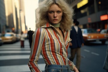 candid street portrait of a vintage blonde woman in the style of the 80s walking in the street. gene