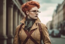 Desert Punk Woman Red Hair Victorian Style. Super Hero In The City Vintage. Generate Ai