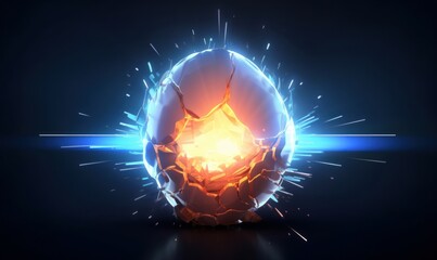 Wall Mural - Broken egg birth concept in digital style. Rays of light from the crack of the egg, the concept of a festive banner with a light neon effect. AI