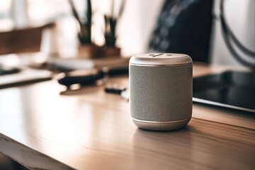 Closeup of smart portable wireless speaker on the table, concept of Smart Home and Automation.