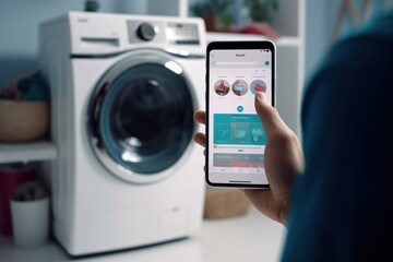 Close up hand man controlling washing machine with mobile app at smart home.
