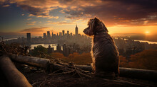 A Shaggy Dog Sits In Front Of A Fallen Log, Looking Towards A City Skyline Illuminated By A Setting Sun With Clouds In The Sky