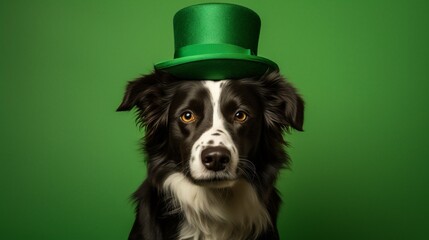 Funny dog wears a green leprechaun hat. Celebrating St. Patrick's Day in the national Irish costume. Black white border collie. Generative AI.