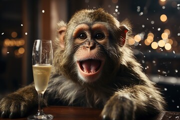 Wall Mural - monkey with a glass of champagne