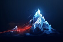 The Path To Success In The Digital Futuristic Style. Business Goals Achievement Concept.  Illustration Of A Mountain With A Flag In A Polygonal Wireframe, Generative AI