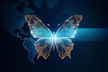 Butterfly In A Digital Futuristic Style On Background World Map. The Concept Of A Successful Startup Or Investment Or Business Transformation, Generative AI