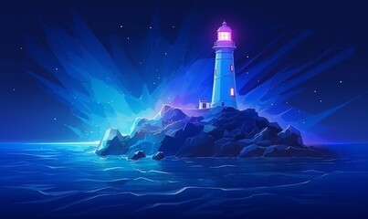 Wall Mural - Lighthouse on the seashore in digital futuristic style. Light effect as a guide to the sea. Night landscape of rocky coast with building, Generative AI