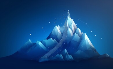 Wall Mural - Path to the top of the mountain success concept in digital futuristic style on blue background.  illustration of the concept of step-by-step achievement, Generative AI