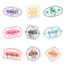 Set Of Travel Visa Stamps For Passports. Abstract International And Immigration Office Stamps. Arrival And Departure Customs Visa Stamps To Country. Vector