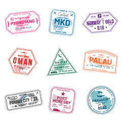 Poster - Set of travel visa stamps for passports. Abstract international and immigration office stamps. Arrival and departure customs visa stamps to country. Vector