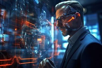 Engineer examining AI technology with reflection on eyeglasses