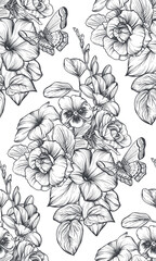 beautiful hand drawn vector seamless pattern with black and white garden flowers, clematis, hydrange