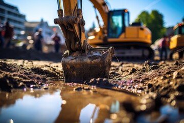 Wall Mural - Close up of a digger digging foundation at construction site.